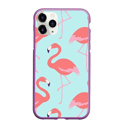 Чехол iPhone 11 Pro матовый Розовые фламинго / 3D-Фиолетовый – фото 1