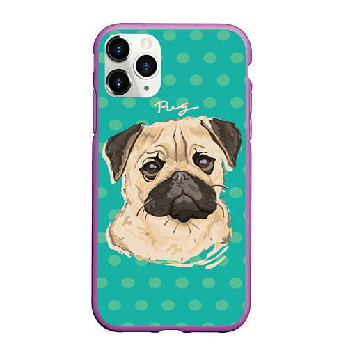 Чехол iPhone 11 Pro матовый Pug Mops / 3D-Фиолетовый – фото 1