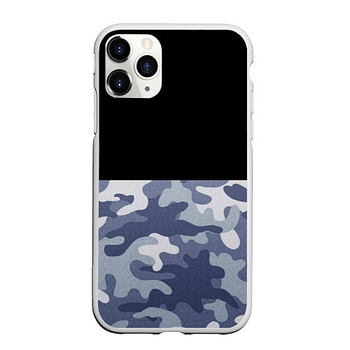 Чехол iPhone 11 Pro матовый Камуфляж: черный/голубой / 3D-Белый – фото 1