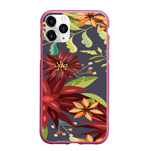 Чехол iPhone 11 Pro матовый Цветочки / 3D-Малиновый – фото 1