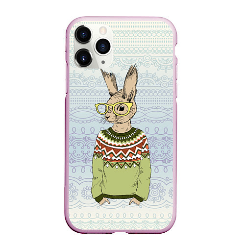 Чехол iPhone 11 Pro матовый Кролик хипстер / 3D-Розовый – фото 1