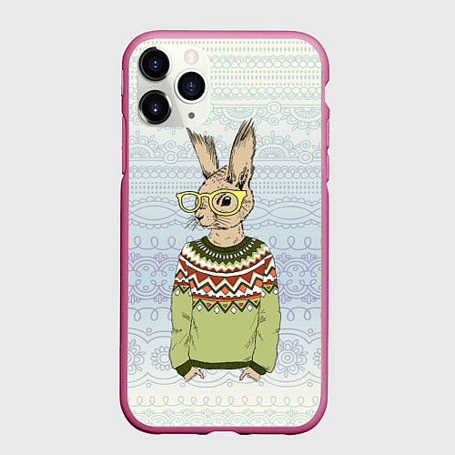 Чехол iPhone 11 Pro матовый Кролик хипстер / 3D-Малиновый – фото 1