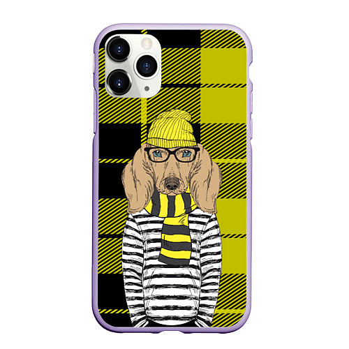 Чехол iPhone 11 Pro матовый Такса-хипстер / 3D-Светло-сиреневый – фото 1