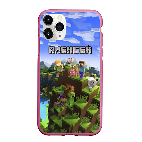 Чехол iPhone 11 Pro матовый Майнкрафт: Алексей / 3D-Малиновый – фото 1