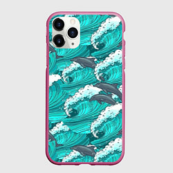 Чехол iPhone 11 Pro матовый Лазурные дельфины, цвет: 3D-малиновый
