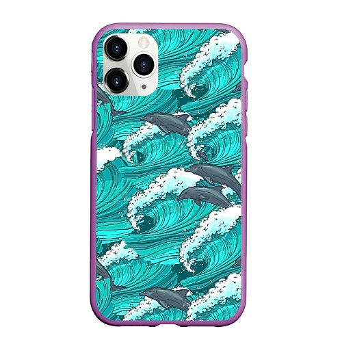 Чехол iPhone 11 Pro матовый Лазурные дельфины / 3D-Фиолетовый – фото 1