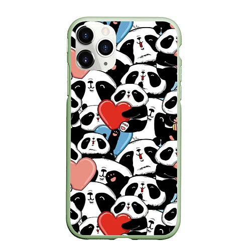 Чехол iPhone 11 Pro матовый Милые панды / 3D-Салатовый – фото 1