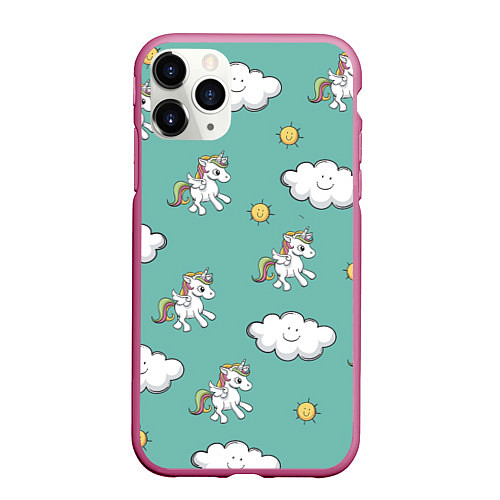 Чехол iPhone 11 Pro матовый Love of Unicorns / 3D-Малиновый – фото 1