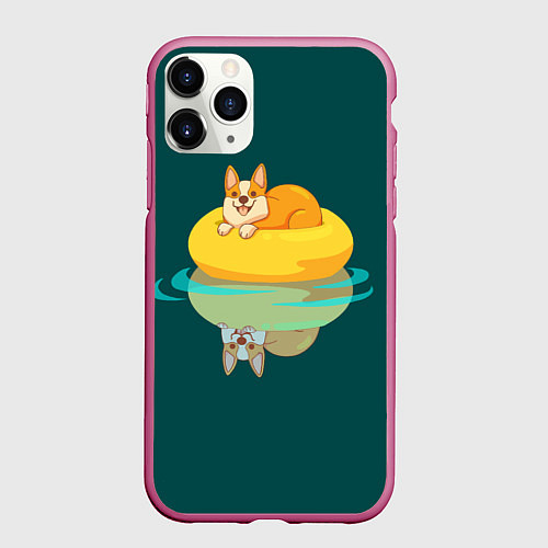 Чехол iPhone 11 Pro матовый Корги на пончике / 3D-Малиновый – фото 1