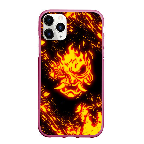 Чехол iPhone 11 Pro матовый Cyberpunk 2077: FIRE SAMURAI / 3D-Малиновый – фото 1