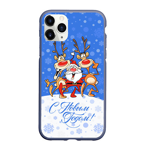 Чехол iPhone 11 Pro матовый Санта Клаус с оленями / 3D-Серый – фото 1