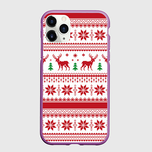 Чехол iPhone 11 Pro матовый Новогодние олени / 3D-Фиолетовый – фото 1