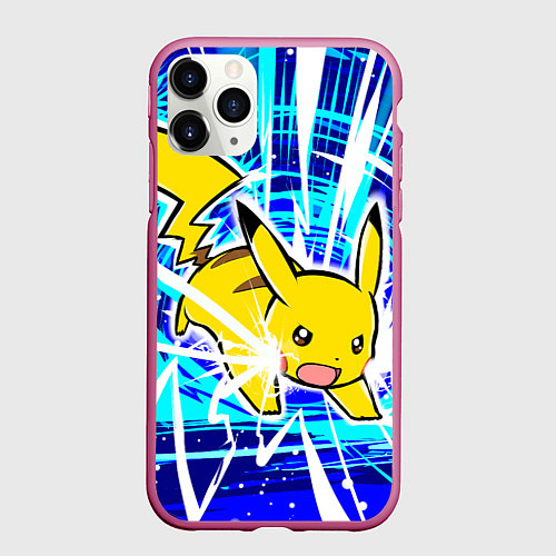 Чехол iPhone 11 Pro матовый Пикачу бежит с молниями / 3D-Малиновый – фото 1
