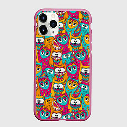 Чехол iPhone 11 Pro матовый Совы разноцветные, цвет: 3D-малиновый