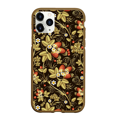 Чехол iPhone 11 Pro матовый Хохлома роспись клубника / 3D-Коричневый – фото 1