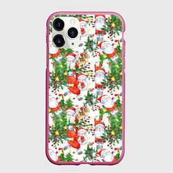 Чехол iPhone 11 Pro матовый Деды Морозы с подарками - паттерн, цвет: 3D-малиновый