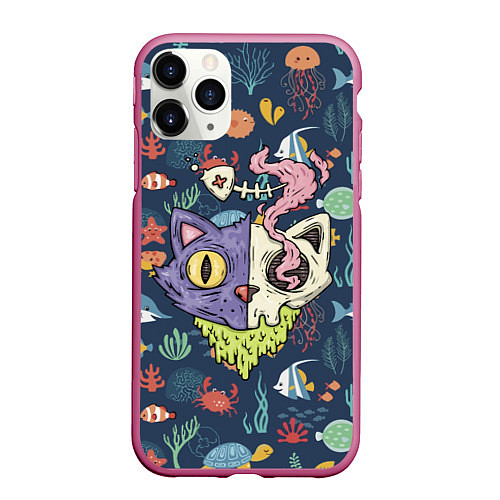 Чехол iPhone 11 Pro матовый Cat skull - art / 3D-Малиновый – фото 1