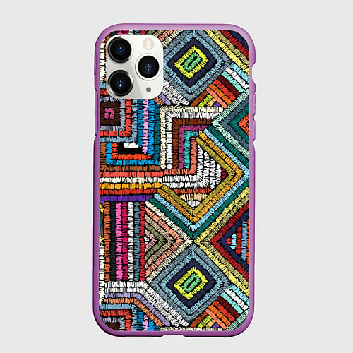 Чехол iPhone 11 Pro матовый Этнический орнамент вышивка / 3D-Фиолетовый – фото 1