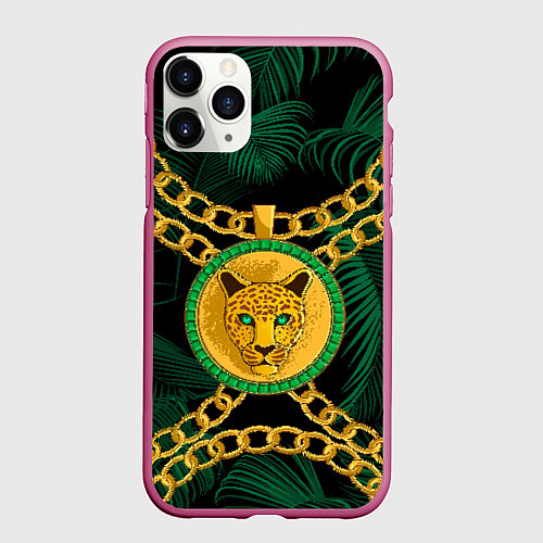 Чехол iPhone 11 Pro матовый Золотой леопард и цепь / 3D-Малиновый – фото 1