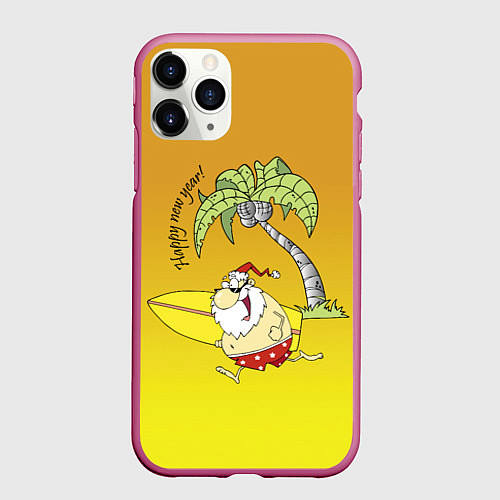 Чехол iPhone 11 Pro матовый Happy New Year - Santa on the beach / 3D-Малиновый – фото 1