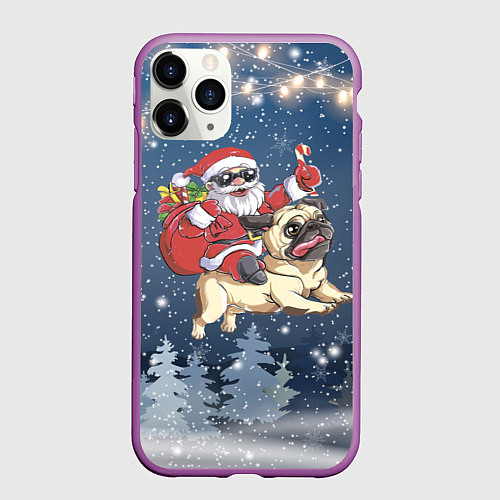 Чехол iPhone 11 Pro матовый Санта едет на мопсе / 3D-Фиолетовый – фото 1