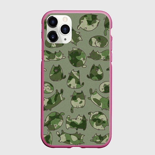 Чехол iPhone 11 Pro матовый Камуфляж с котиками хаки / 3D-Малиновый – фото 1
