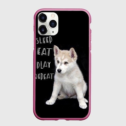 Чехол iPhone 11 Pro матовый Sleep Eat Play Repeat Хаски щенок / 3D-Малиновый – фото 1