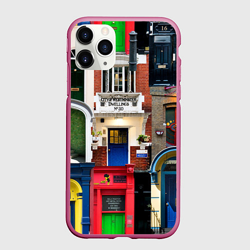 Чехол iPhone 11 Pro матовый London doors цифровой коллаж / 3D-Малиновый – фото 1