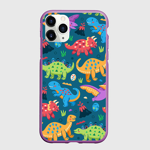 Чехол iPhone 11 Pro матовый Арт с динозаврами / 3D-Фиолетовый – фото 1