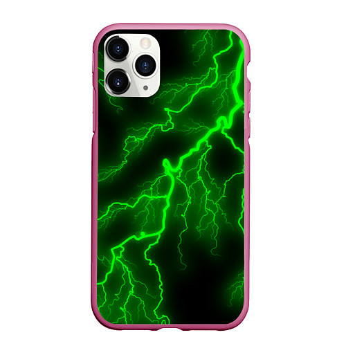 Чехол iPhone 11 Pro матовый МОЛНИЯ GREEN NEON / 3D-Малиновый – фото 1