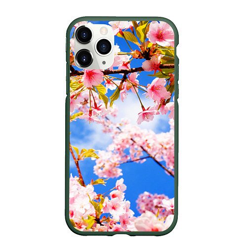 Чехол iPhone 11 Pro матовый Сакура / 3D-Темно-зеленый – фото 1
