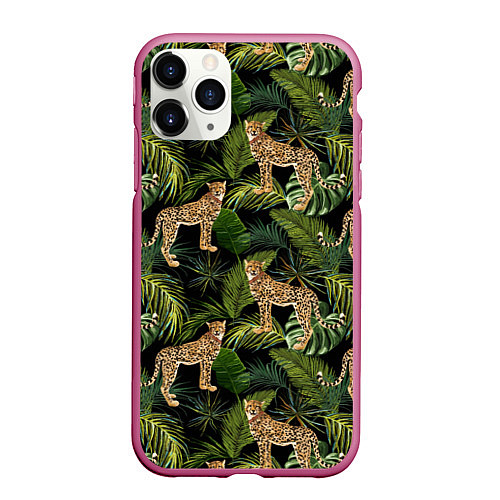 Чехол iPhone 11 Pro матовый Versace Леопарды / 3D-Малиновый – фото 1