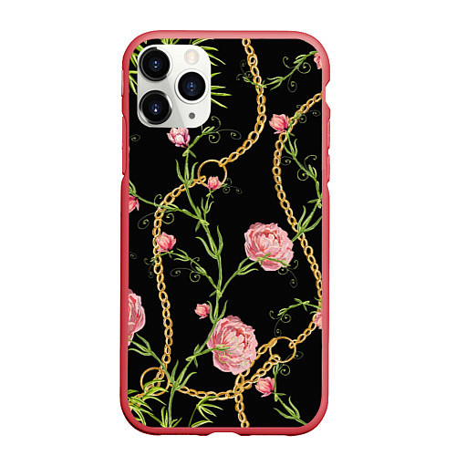 Чехол iPhone 11 Pro матовый Versace Золотая цепь и розы / 3D-Красный – фото 1