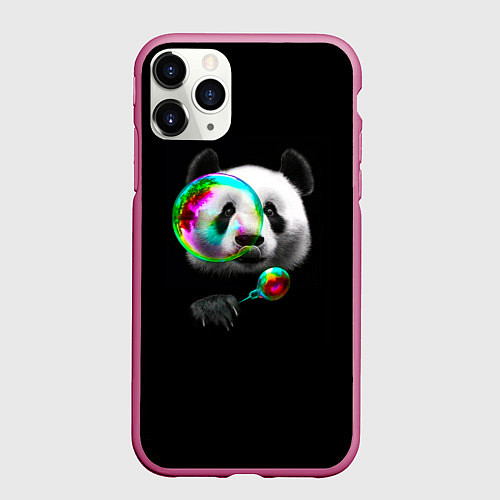 Чехол iPhone 11 Pro матовый Панда и мыльный пузырь / 3D-Малиновый – фото 1