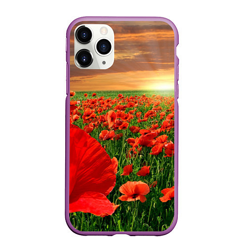 Чехол iPhone 11 Pro матовый Красный мак на закате / 3D-Фиолетовый – фото 1
