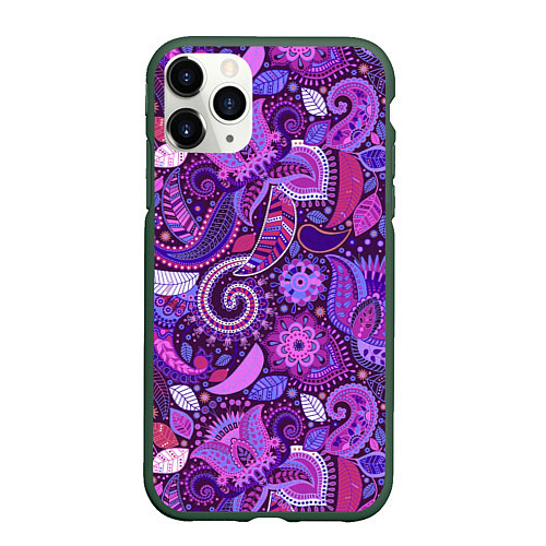 Чехол iPhone 11 Pro матовый Фиолетовый этнический дудлинг / 3D-Темно-зеленый – фото 1