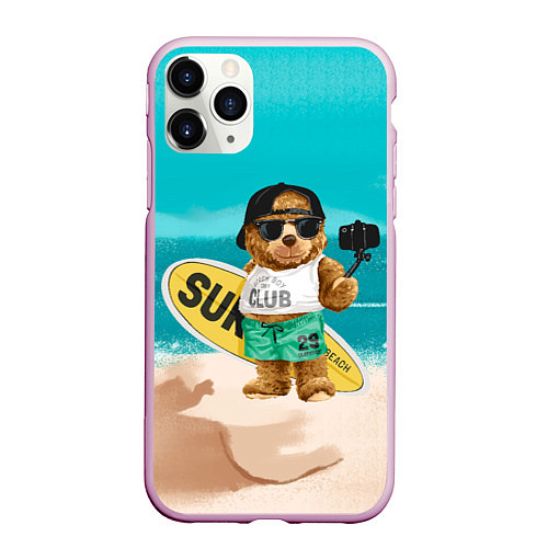 Чехол iPhone 11 Pro матовый Медвежонок серфер / 3D-Розовый – фото 1