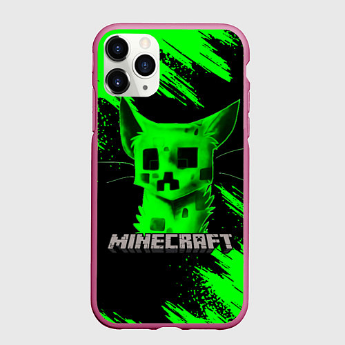 Чехол iPhone 11 Pro матовый MINECRAFT CREEPER CAT / 3D-Малиновый – фото 1