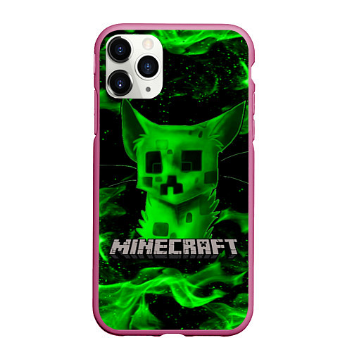 Чехол iPhone 11 Pro матовый MINECRAFT CREEPER CAT / 3D-Малиновый – фото 1