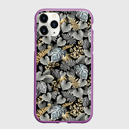 Чехол iPhone 11 Pro матовый Серебряные листочки / 3D-Фиолетовый – фото 1