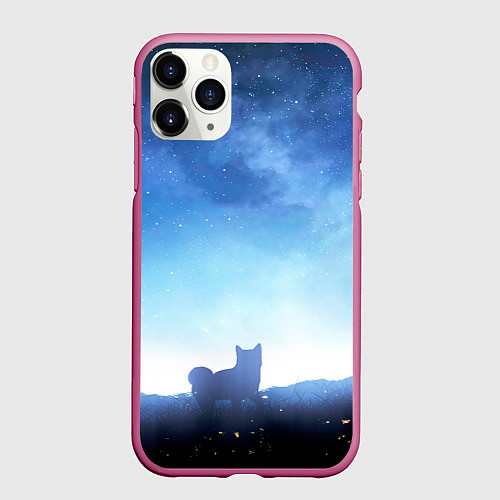Чехол iPhone 11 Pro матовый Силуэт корги ночь космос дымка / 3D-Малиновый – фото 1
