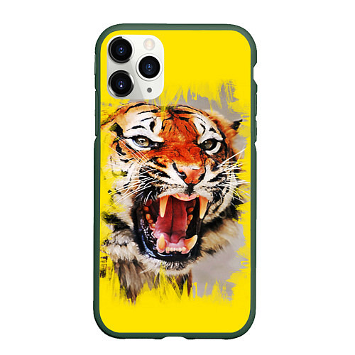 Чехол iPhone 11 Pro матовый Оскал тигра / 3D-Темно-зеленый – фото 1