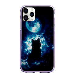 Чехол iPhone 11 Pro матовый Кот силуэт луна ночь звезды, цвет: 3D-светло-сиреневый