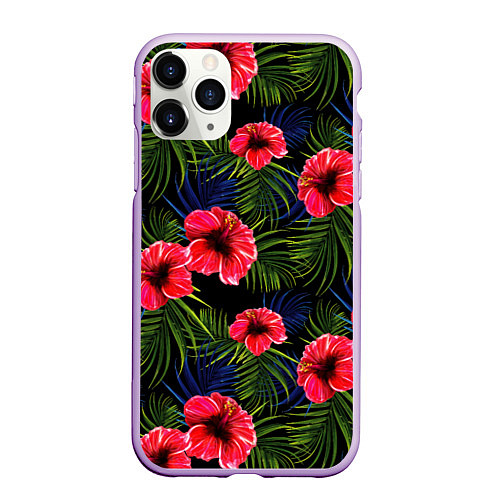 Чехол iPhone 11 Pro матовый Тропические цветы и листья / 3D-Сиреневый – фото 1