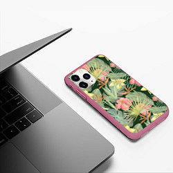 Чехол iPhone 11 Pro матовый Тропические растения и цветы, цвет: 3D-малиновый — фото 2