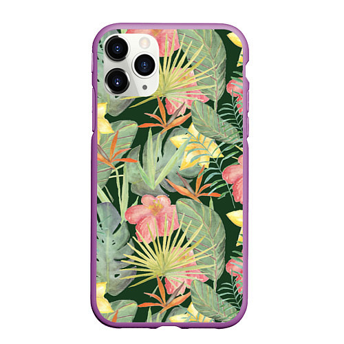 Чехол iPhone 11 Pro матовый Тропические растения и цветы / 3D-Фиолетовый – фото 1