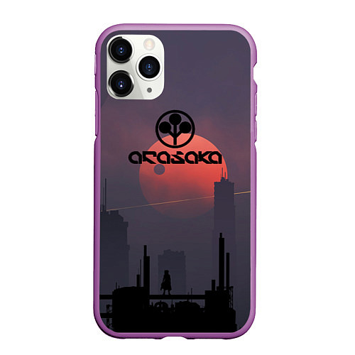 Чехол iPhone 11 Pro матовый Cyberpunk 2077 - Arasaka / 3D-Фиолетовый – фото 1