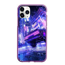 Чехол iPhone 11 Pro матовый Cyberpunk city, цвет: 3D-фиолетовый