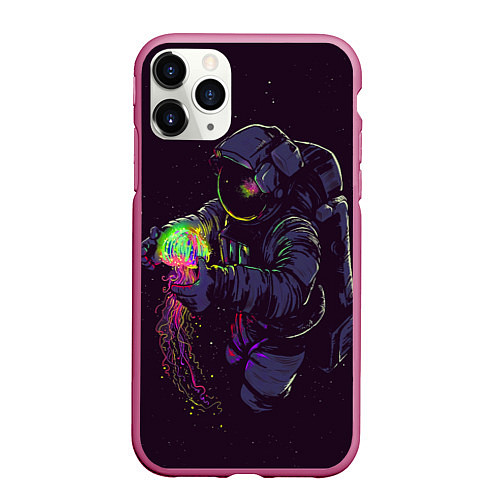 Чехол iPhone 11 Pro матовый Медуза и космонавт / 3D-Малиновый – фото 1