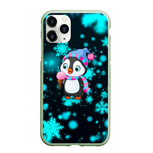 Чехол iPhone 11 Pro матовый Новогодний пингвин / 3D-Салатовый – фото 1